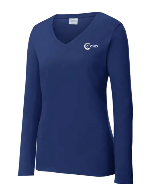 Womens  V-Neck Ring Spun Navy 4.5 oz Long Sleeve T-Shirt w/Cloyes Logo