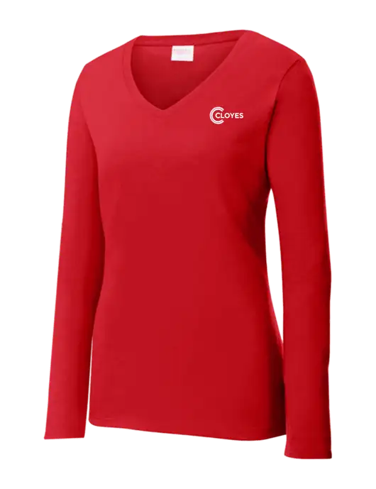 Womens  V-Neck Ring Spun Bright Red 4.5 oz Long Sleeve T-Shirt w/Cloyes Logo