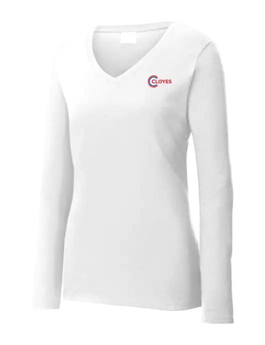 Womens  V-Neck Ring Spun White 4.5 oz Long Sleeve T-Shirt w/Cloyes Logo