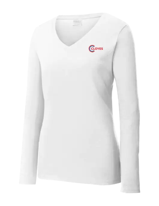 Womens  V-Neck Ring Spun White 4.5 oz Long Sleeve T-Shirt w/Cloyes Logo