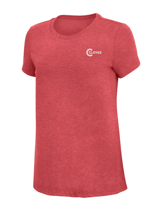 Womens Simply Soft Red Frost 4.5oz Poly/Combed Ring Spun Cotton T-Shirt w/Cloyes Logo