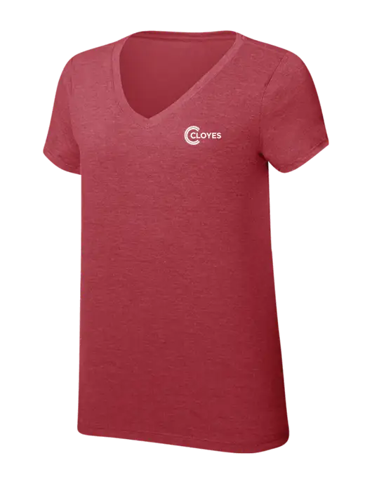 Womens Simply Soft V-Neck Red Frost 4.5oz  Poly/Combed Ring Spun Cotton T-Shirt w/Cloyes Logo