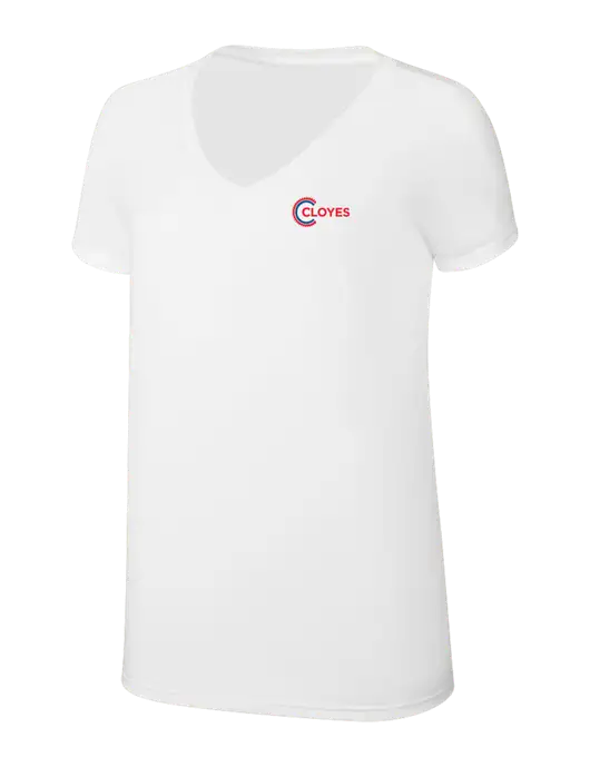 Womens Simply Soft V-Neck White 4.5oz  Poly/Combed Ring Spun Cotton T-Shirt w/Cloyes Logo