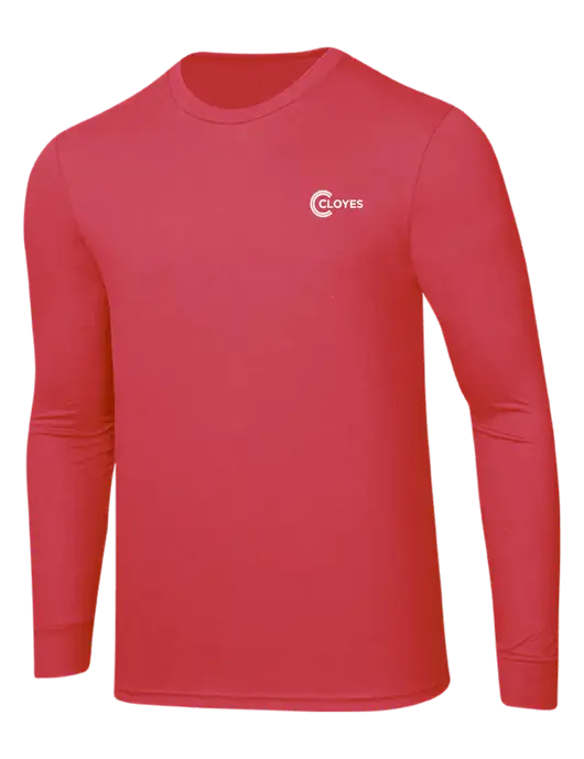 Simply Soft Long Sleeve Red Frost 4.5 oz, Poly/Combed Ring Spun Cotton T-Shirt w/Cloyes Logo
