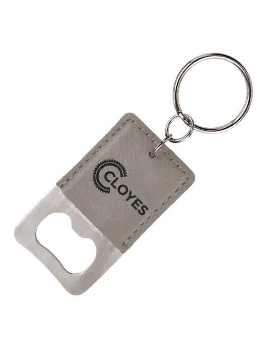 Grey Leatherette Rectangle Bottle Opener Keychain w/Cloyes Logo