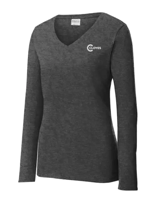Womens  V-Neck Ring Spun Dark Heather Grey 4.5 oz Long Sleeve T-Shirt w/Cloyes Logo