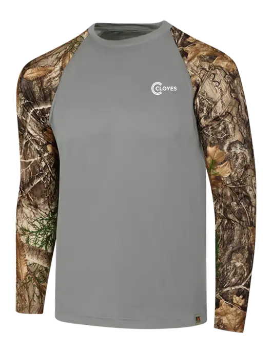 Russell Outdoors Medium Grey/Realtree Edge Camo Colorblock Performance Long Sleeve T-Shirt w/Cloyes Logo