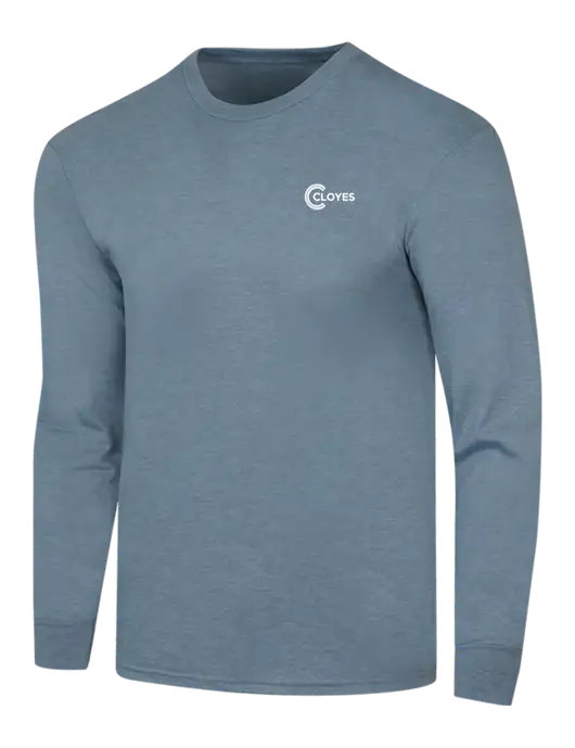 Simply Soft Long Sleeve Slate Blue Heather 4.5 oz, Poly/Combed Ring Spun Cotton T-Shirt w/Cloyes Logo