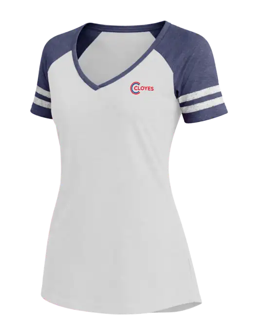 Womens White/Navy Heather V-Neck Game Tee w/Cloyes Logo