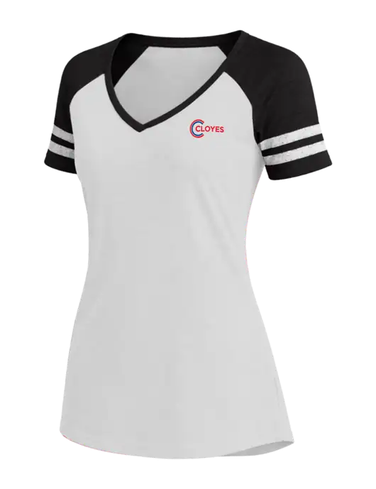 Womens White/Black V-Neck Game Tee w/Cloyes Logo