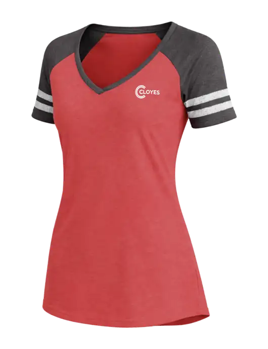 Womens Red Heather/Charcoal Heather V-Neck Game Tee w/Cloyes Logo