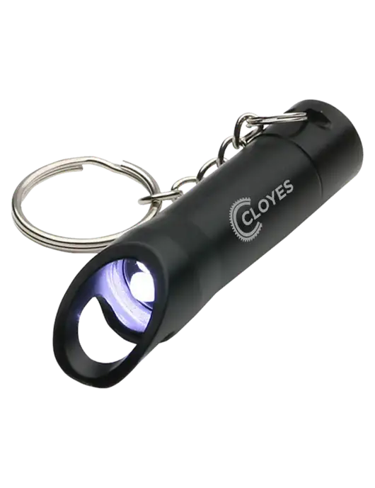 Black Pocket LED Flashlight with Bottle Opener & Keychain w/Cloyes Logo