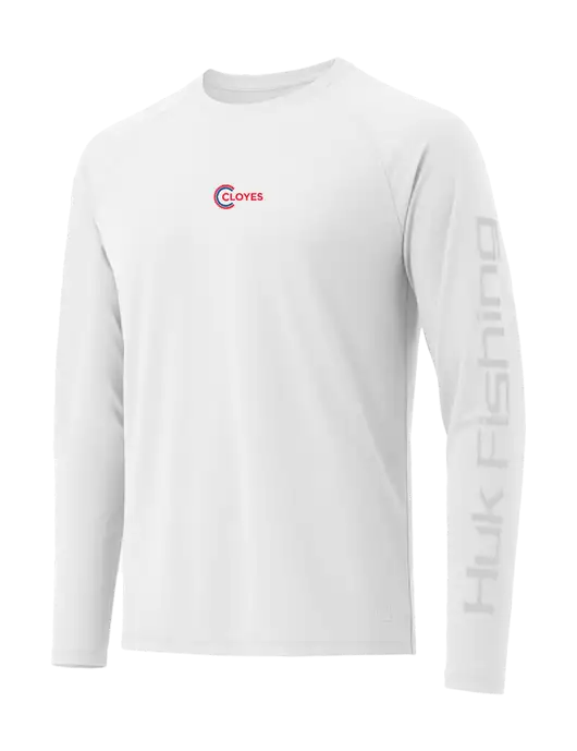 HUK White LoPro Pursuit Long Sleeve T-Shirt w/Cloyes Logo