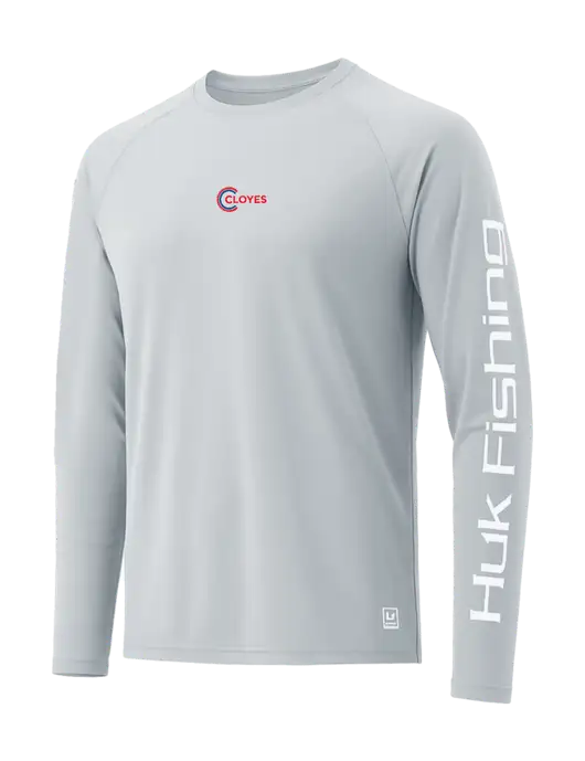 HUK Light Grey LoPro Pursuit Long Sleeve T-Shirt w/Cloyes Logo