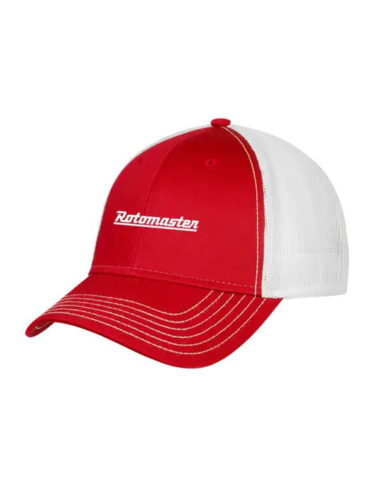 Red/White Mesh Trucker Cap Snap Back w/Rotomaster Logo