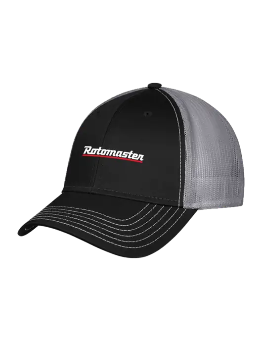 Black/Medium Dark Grey Mesh Trucker Cap Snap Back w/Rotomaster Logo