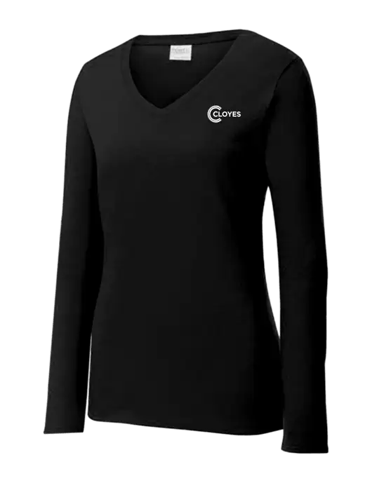 Womens V-Neck Ring Spun Jet Black 4.5 oz Long Sleeve T-Shirt w/Cloyes Logo