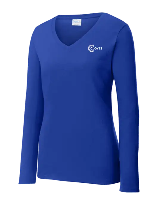 Womens  V-Neck Ring Spun Royal 4.5 oz Long Sleeve T-Shirt w/Cloyes Logo