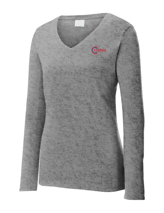 Womens  V-Neck Ring Spun Grey Heather 4.5 oz Long Sleeve T-Shirt w/Cloyes Logo