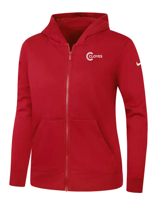 Nike Womens Club Fleece Sleeve Swoosh Full-Zip Red Hoodie w/Cloyes Logo