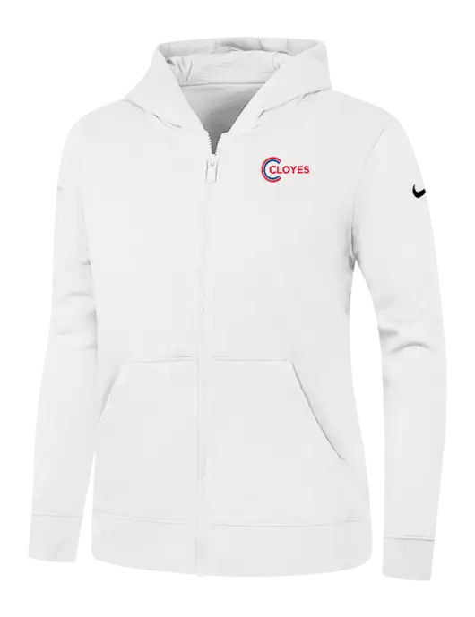 Nike Womens Club Fleece Sleeve Swoosh Full-Zip White Hoodie w/Cloyes Logo